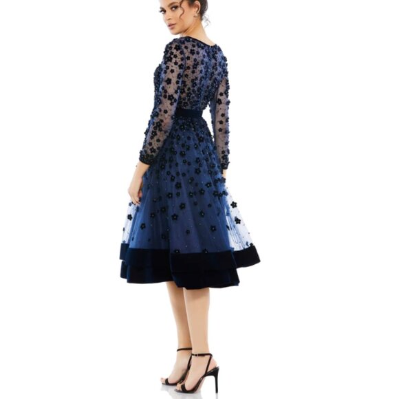 MAC DUGGAL 67007 ELEGANT FLORAL COCKTAIL MIDNIGHT NAVY MIDI DRESS sz 0 - Picture 2 of 4